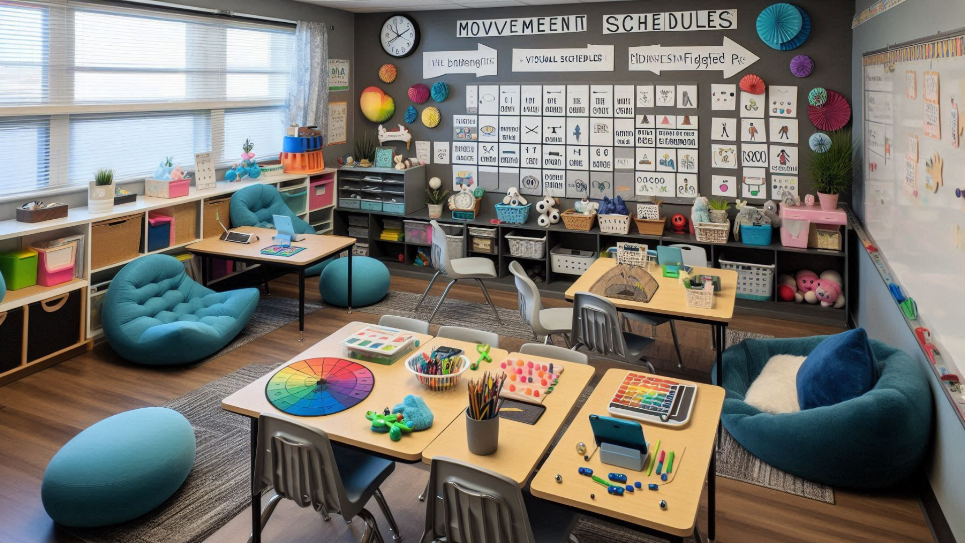 An ADHD-friendly classroom with movement spaces, visual schedules, and flexible seating